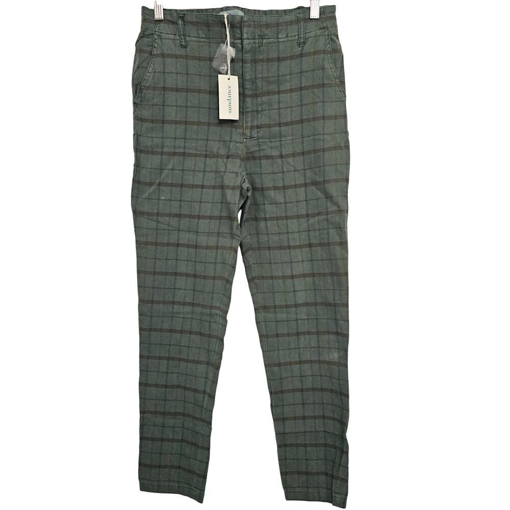 New Sundance Womens Green Tartan Plaid Linen Ankle Pants 6 Business Casual Taper